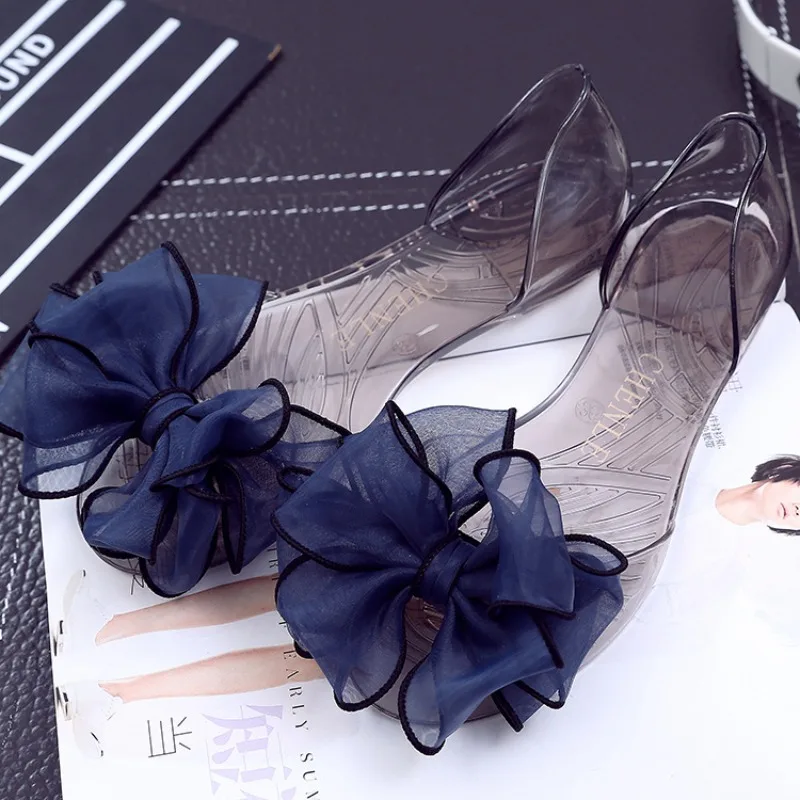 

New Bow Big Flower Jelly Shoes Transparent Flat Female Sandals Fish Mouth All Beach Shoes Soft and Comfortable Fashion Non Slip