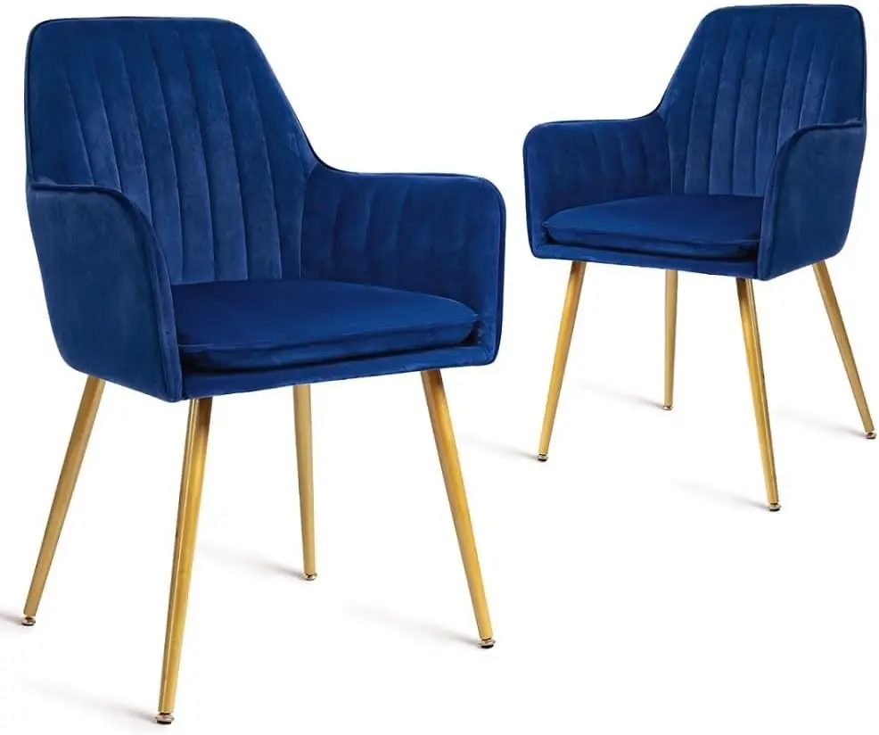 

Furniture Modern Living Dining Room Accent Arm Chairs Club Guest with Gold Metal Legs, Set of 2, Navy Blue