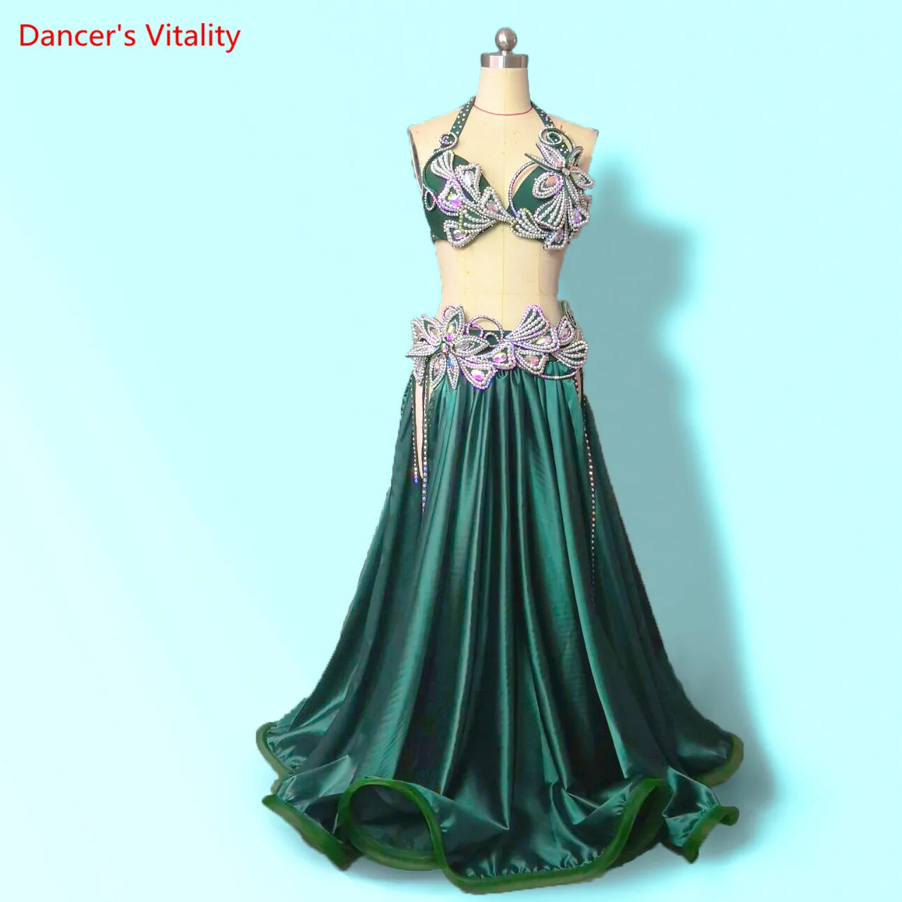 NEW stage Luxury Girls Belly Dance Costumes sleeveless Bra+long Skirt+belt 3pcs Belly Dance Suit Women Ballroom Dance Set