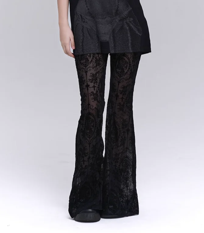 Gothic Subculture Black Sexy Sweet Lace Micro Flared Pants Fashion Versatile High Waist Personality Girls Street Punk Pants