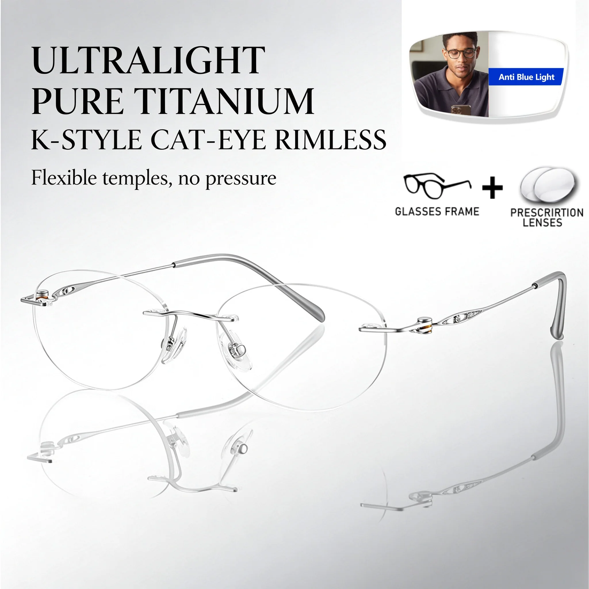 Women Pure Titanium Rimless Glasses Clear MR-8 Myopia Prescription Recipe Lenses Photochromism UV Anti Reflection Not Broken