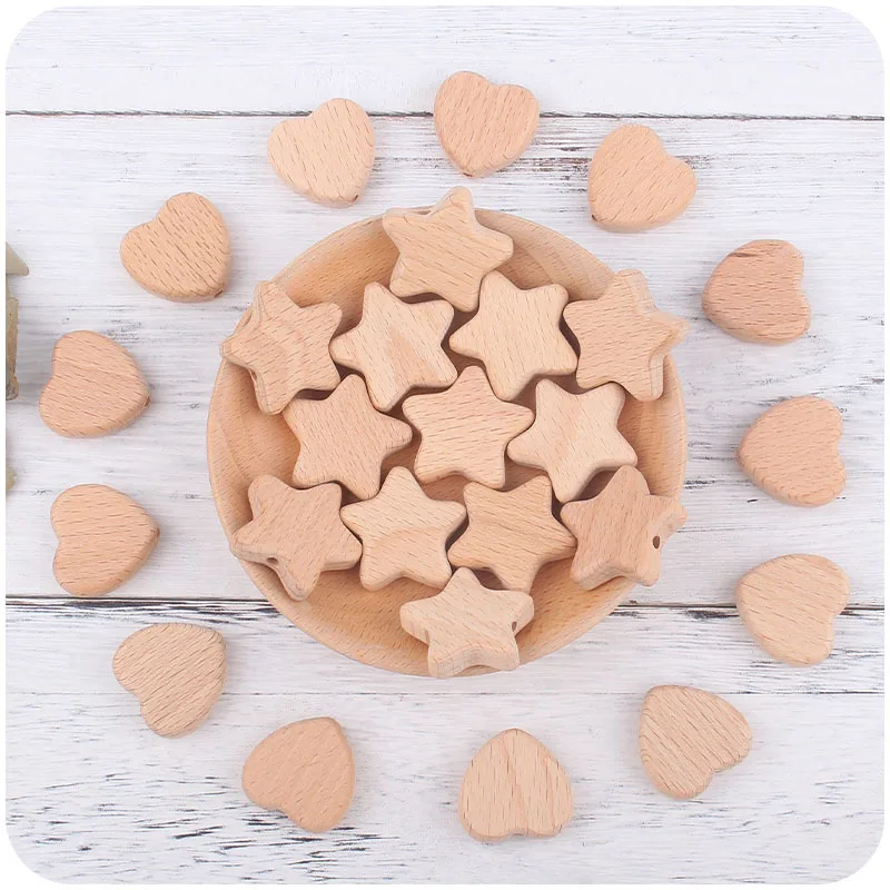 

5Pc Wooden Teether Chew Bead Pentagram Heart Shape Beech Wood Beads DIY Nursing Teething Toys Gift Necklace Nipple Chain Pendant