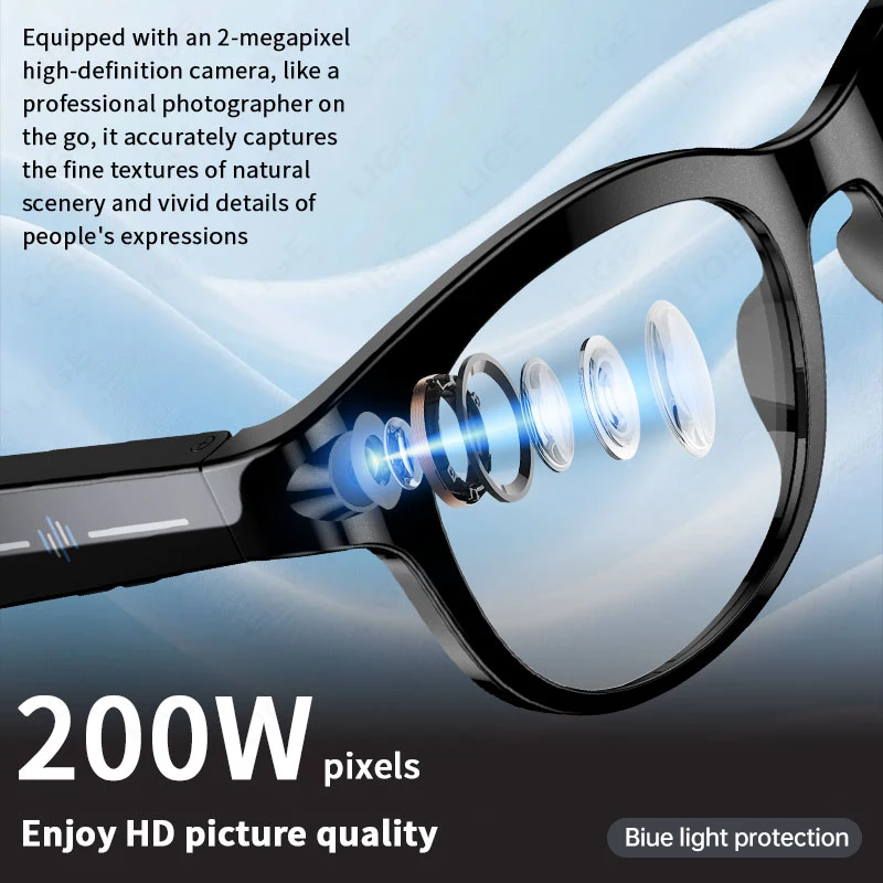 LIGE AI Smart Glasses Real-time Translation Camera Bluetooth Call Sunglasses Shoot Audio Video Music Player Multifunctional Men