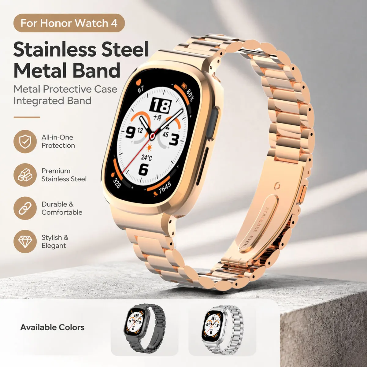 Compatible with Honor Watch 4, Solid Stainless Steel Three-Bead Metal Strap, Replacement Strap for Honor Watch 4, Metal Strap