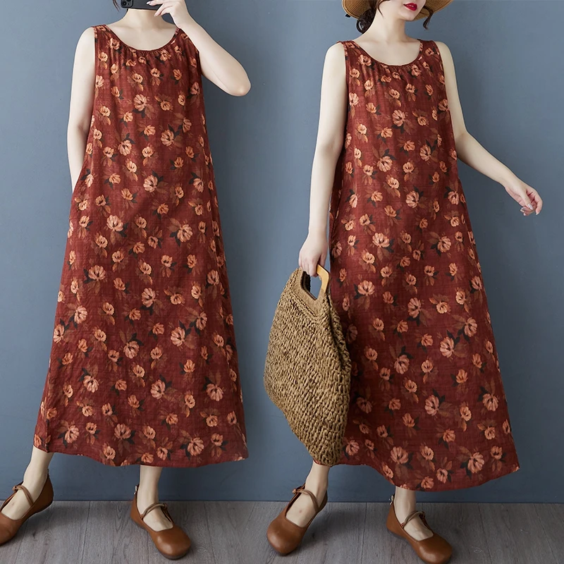 

New Cotton Linen Svel Floral Print Vaion Vest Dr Women's Ele Long Summer Dr Mommy Sle Soft A-Line Skirt