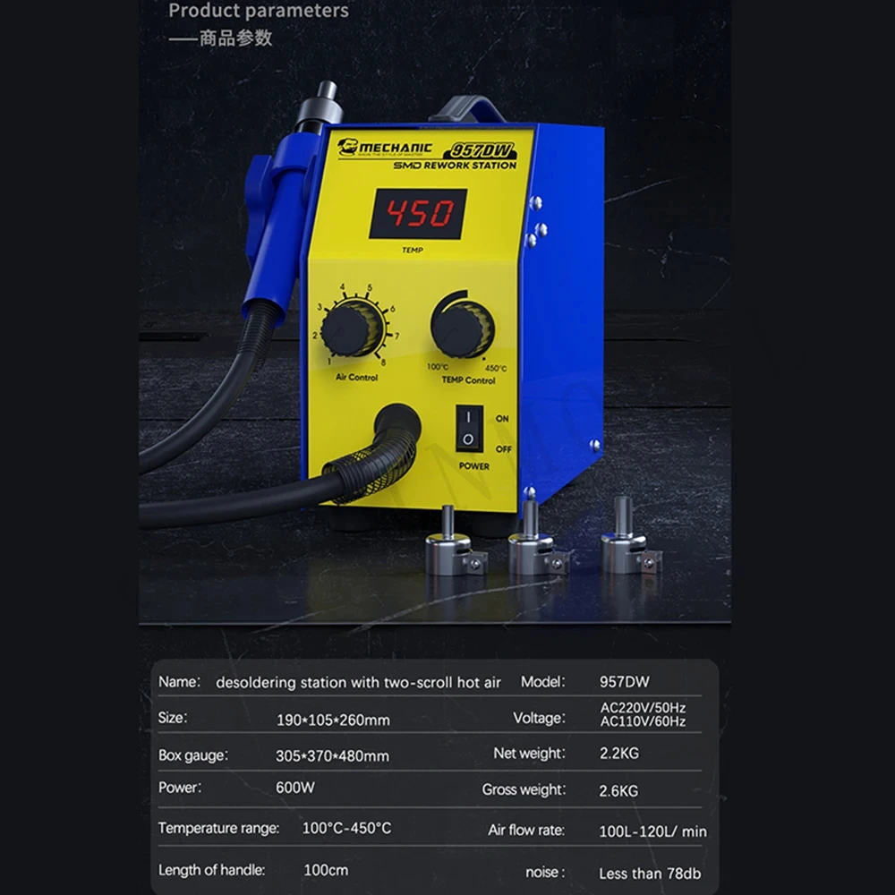 Mechanic 957DW Desoldering station with two-scroll hot air Intelligent digital display fast heating 212-842℉ Welding Iron