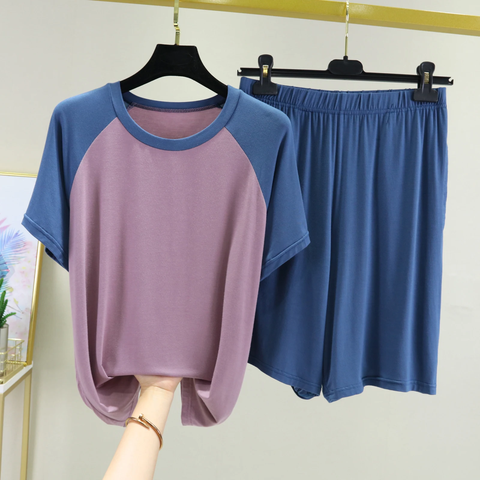 

Loose Modal Set Women Summer Casual Home Clothes Sleepwear Large Size Outerwear Color Block Top Shorts Two Piece Set
