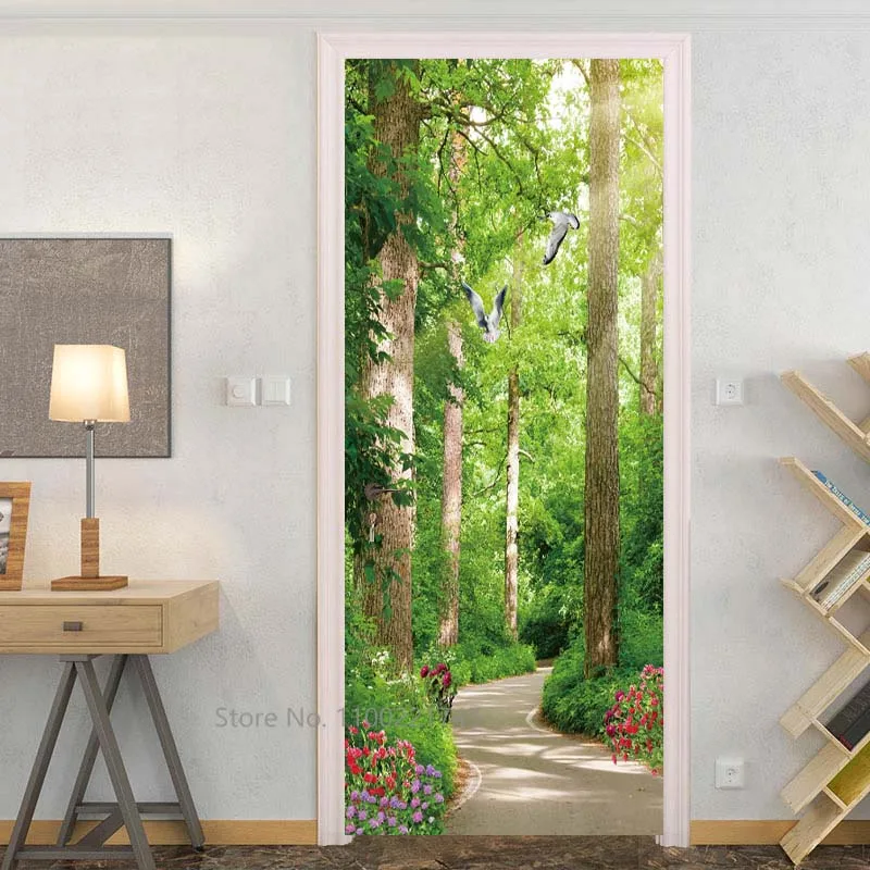 Fairy Forest Painting Door Sticker Mural Adhesive Jungle Landscape Whole Door Wrap Cover Photo Wallpaper Apartment Home Decor