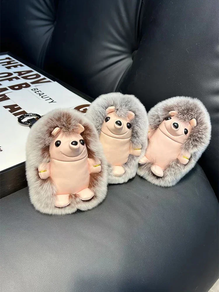 Cute Hedgehog Real Rex Rabbit Fur Key Chains Plush Toy Pendant Kids School Bag Hanging Ornaments Women Car Keyring Trinkets Gift