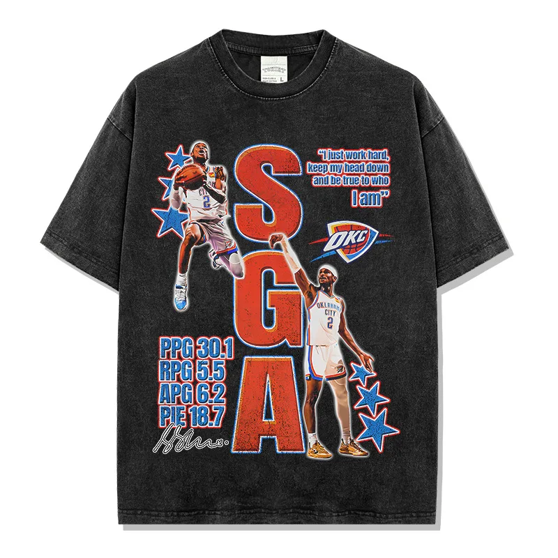 

2025 SGA Alexander American Star Street Hip-hop Streetwear Brand Retro Print Aged Washed Heavy Pure Cotton Short-sleeved Shirt
