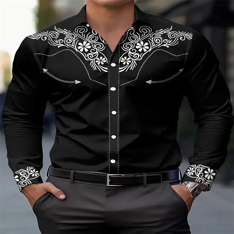 Men's Black Floral Pattern Long Sleeve Shirt - Button Neck Non Elastic Formal Casual Suit - Machine Washable Wedding Party Dress