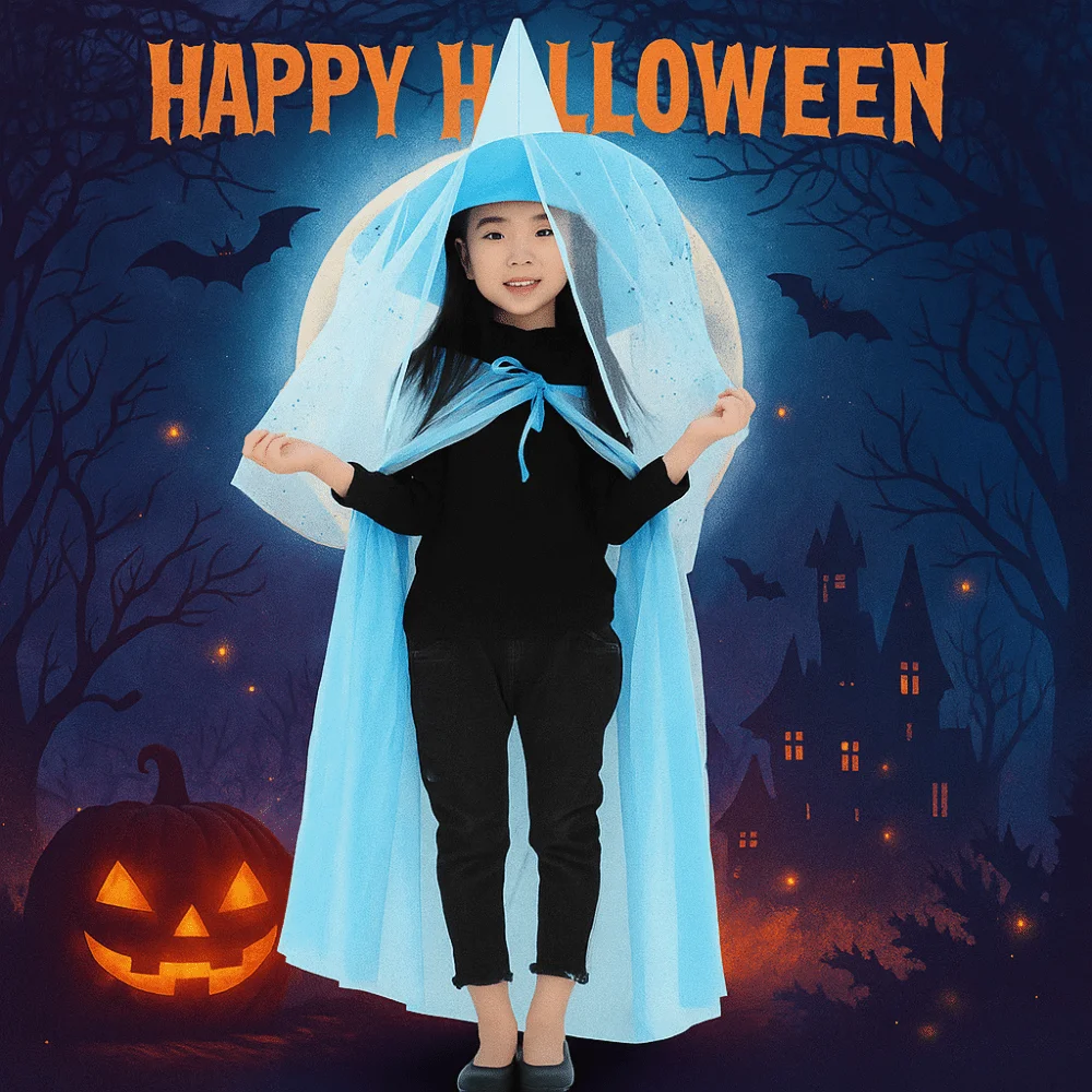 Sweet Double Layer Halloween Cloak with Hat Star Robe Halloween Children Costume Mesh Cosplay Cape Hat Set Party
