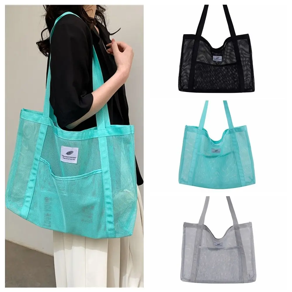 Large Capacity Beach Tote Bag Multifunctional Solid Color Transparent Mesh Bag Makeup Storage Bag Handbag Travel Shoulder Bag