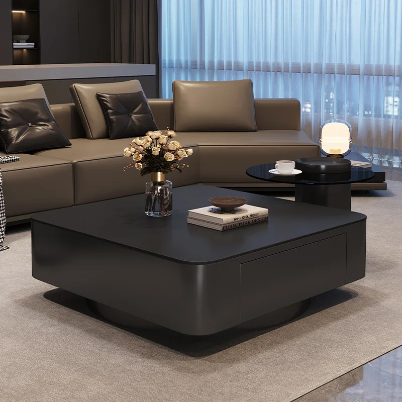 Light Luxury Square Rock Slab Combination Small Apartment Modern Simple Living Room Home Black High-end Glass Tea Table