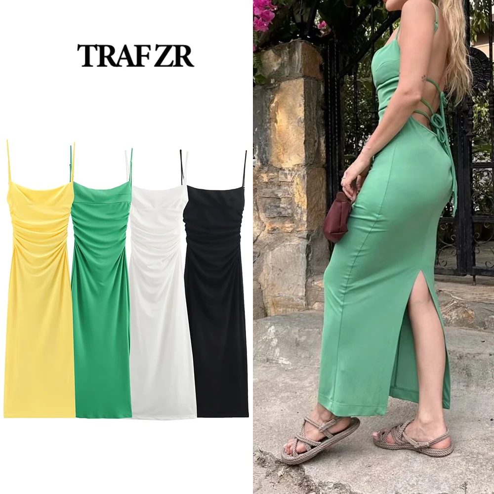 TRAF ZR Vintage Ruched Sexy Dress with Self Straps Tied Back Summer Vacation Ankle-length Slip Dress Back Long Split Robe Femme