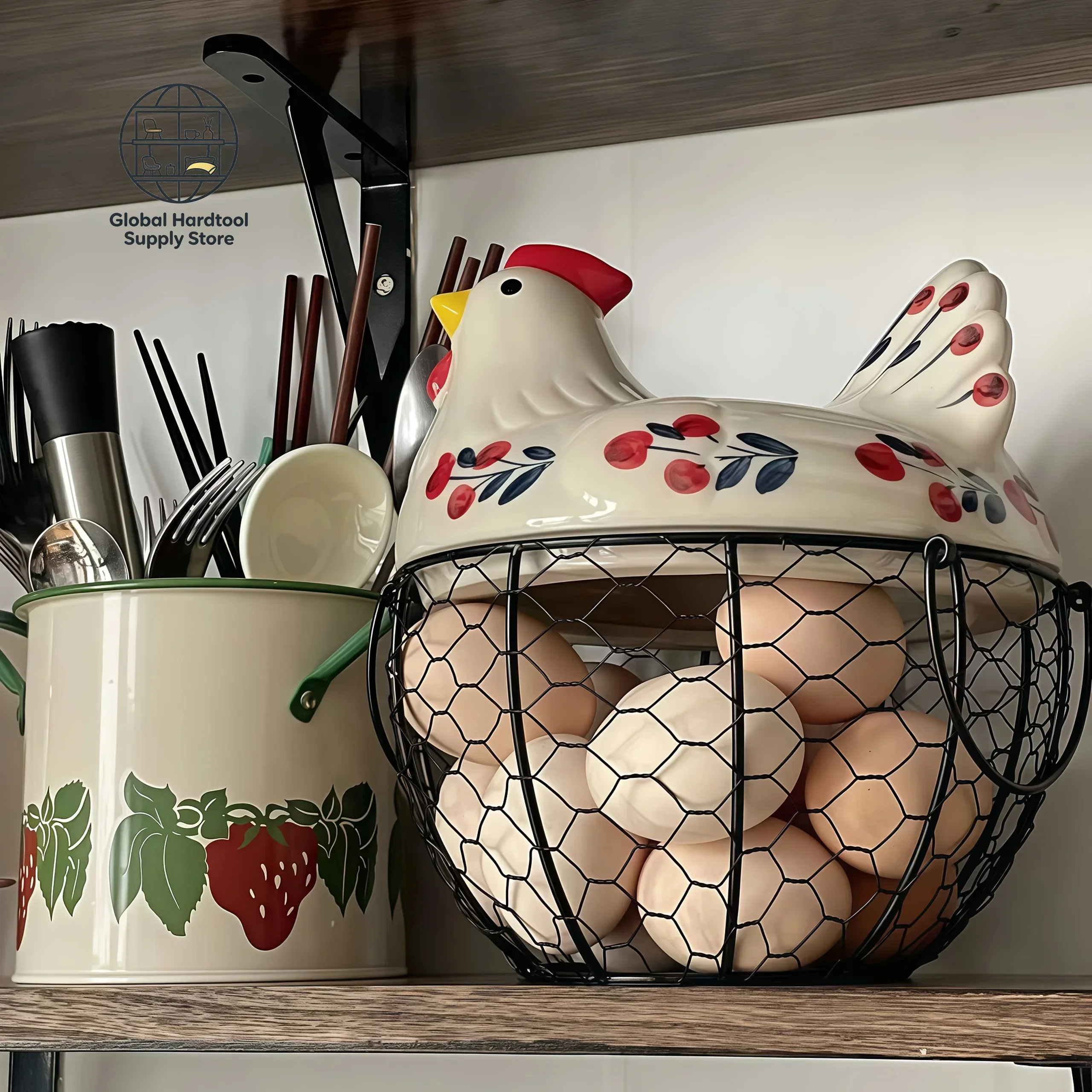 1pc Farmhouse Hen-Shaped Ceramic Egg Baske -Ceramic Egg Holder with Lid,Rustic Kitchen Organizer for Fruits/Veggies