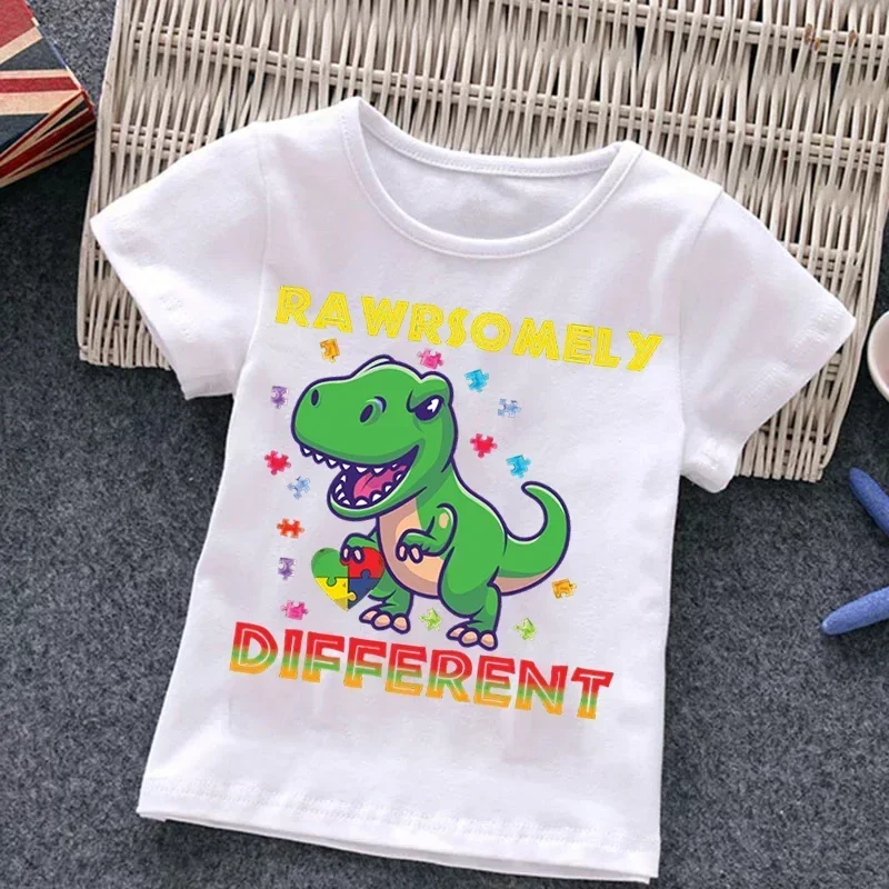 Autism Kids Boy T-shirt Girls Cartoon Puzzle Tops Cute Baby Cotton Summer Clothes Toddler Dinosaur T Shirts Children Costume