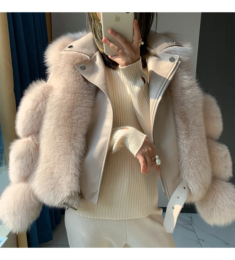 

2024Natural Leather Women's Jacket Real Fox Fur Coats Genuine Sheepskin Leather Coat Long Sleeve Wholeskin Female Parkas