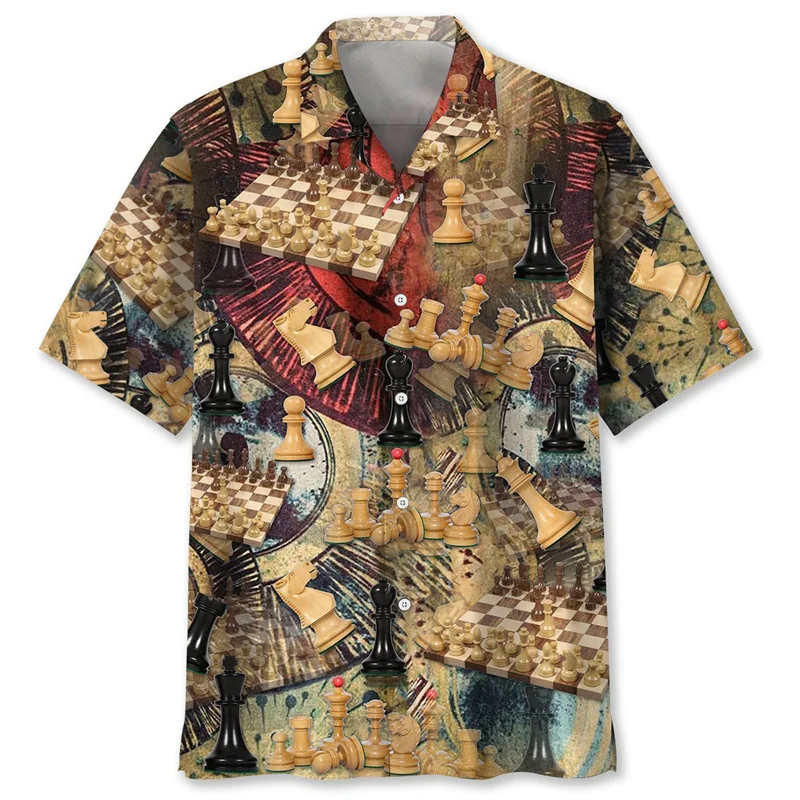 Vintage Chess Pattern Shirt For Men 3D Printed Short Sleeve Loose Lapel Hawaiian Shirts Women Y2k Summer Street Button Blouses