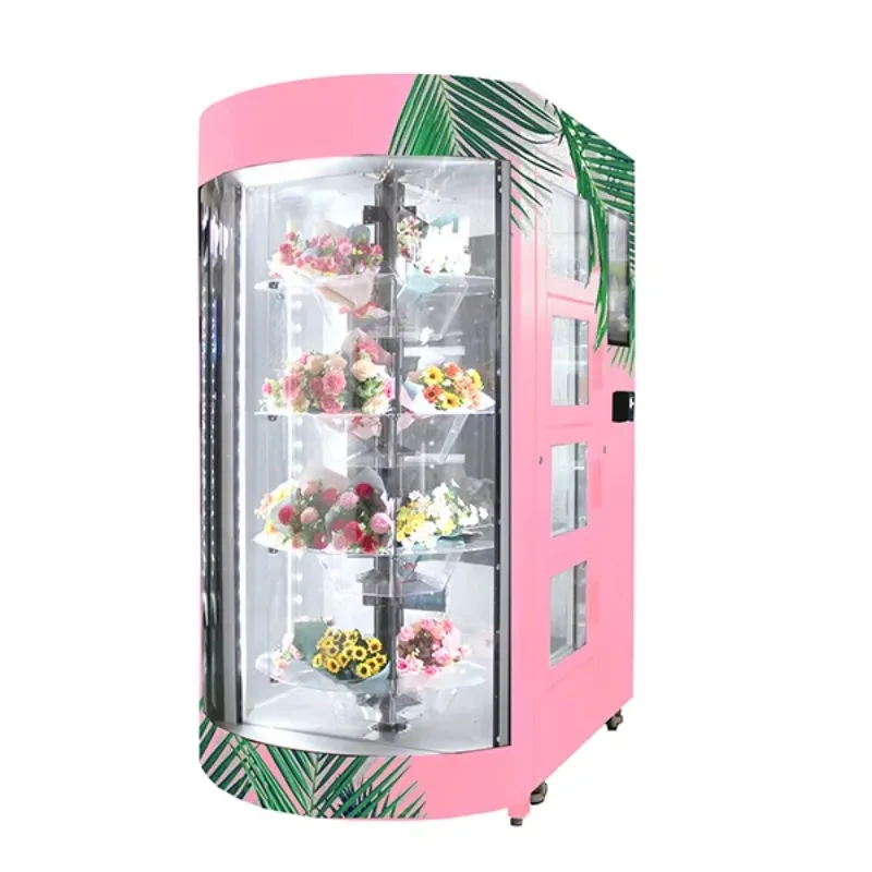 Shopping mall refrigerated flower vending machine with transparent shelf humidification system