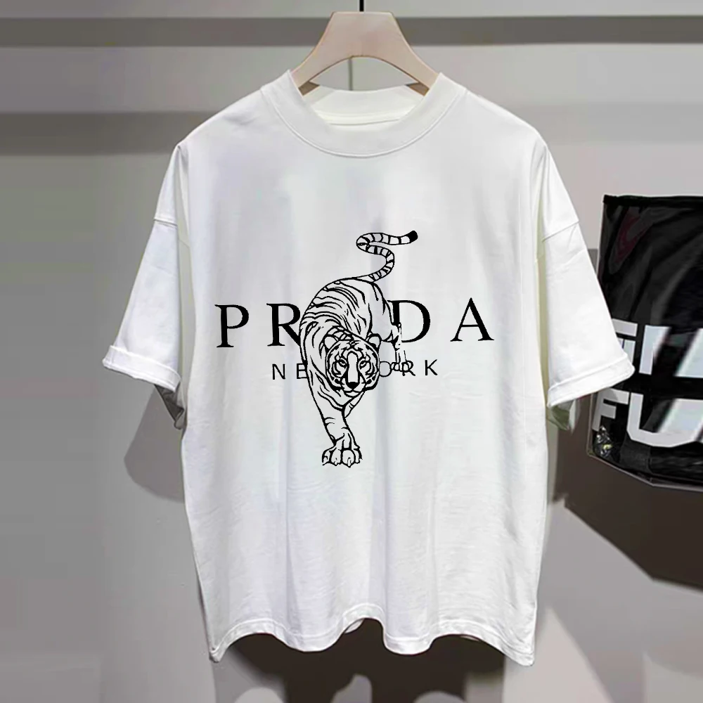 

2024Cartoon Tiger Female Couple Sports Short Sleeve Men's Top Short Sleeve Fashion Crew Neck Cotton T-Shirt Trendy Neutral S-3XL