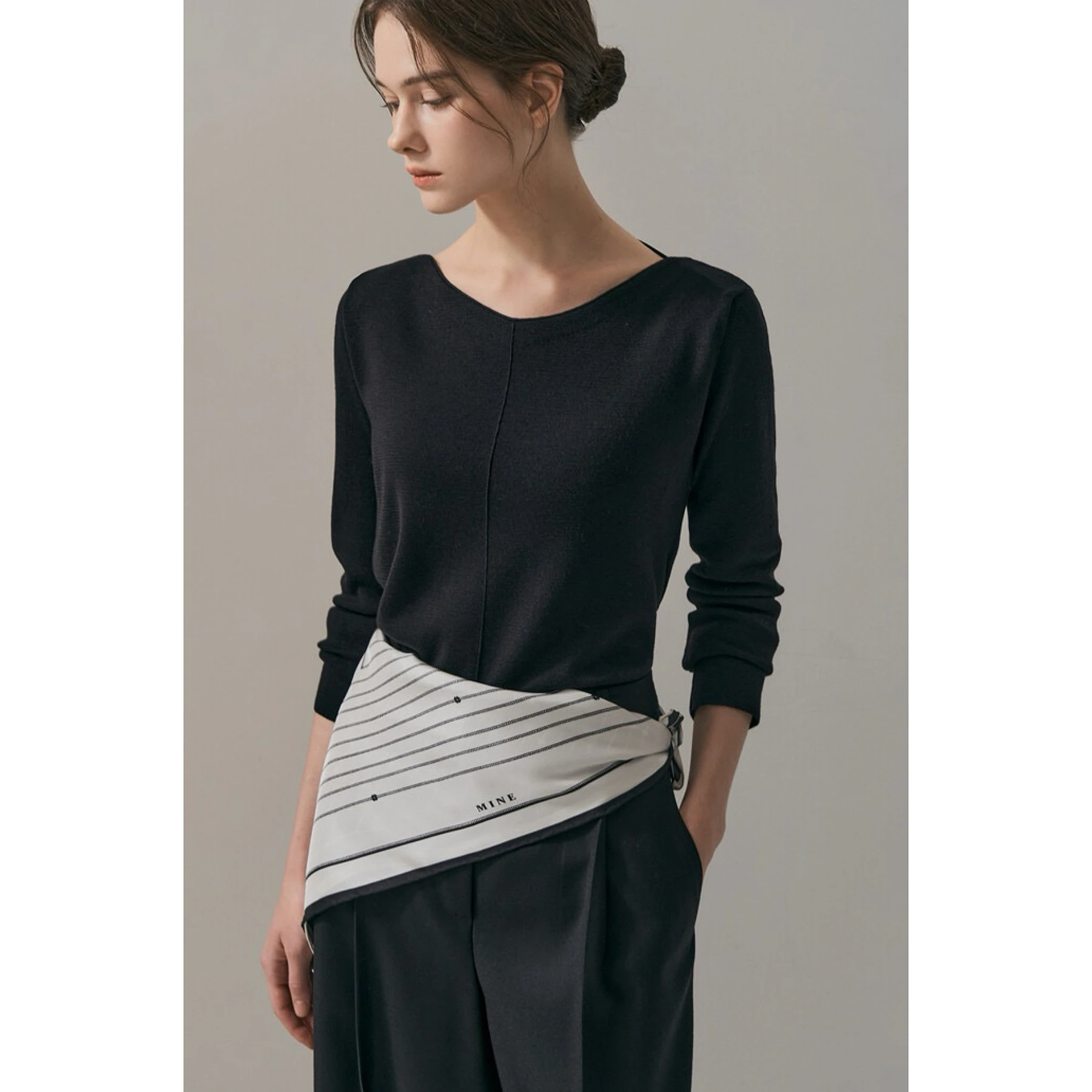Fashionable Simple Elegant Versatile Silk Scarf Shawl MIN26 Autumn Commute Style Slim Fit Long Sleeve round Neck Striped Pattern