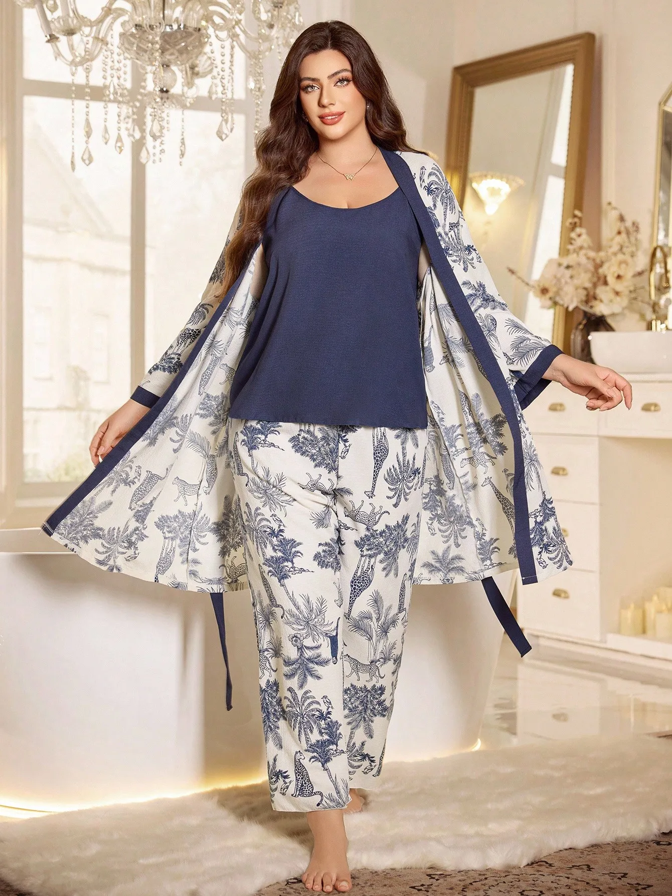 

Plus Size Tropical Print Pajama Set with Cami Top and Robe, Fall Winter Lounge Wear