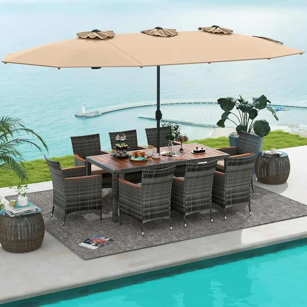 

10-Piece Outdoor Wicker Dining Set with Double-Sided Umbrella and Acacia Wood Furniture