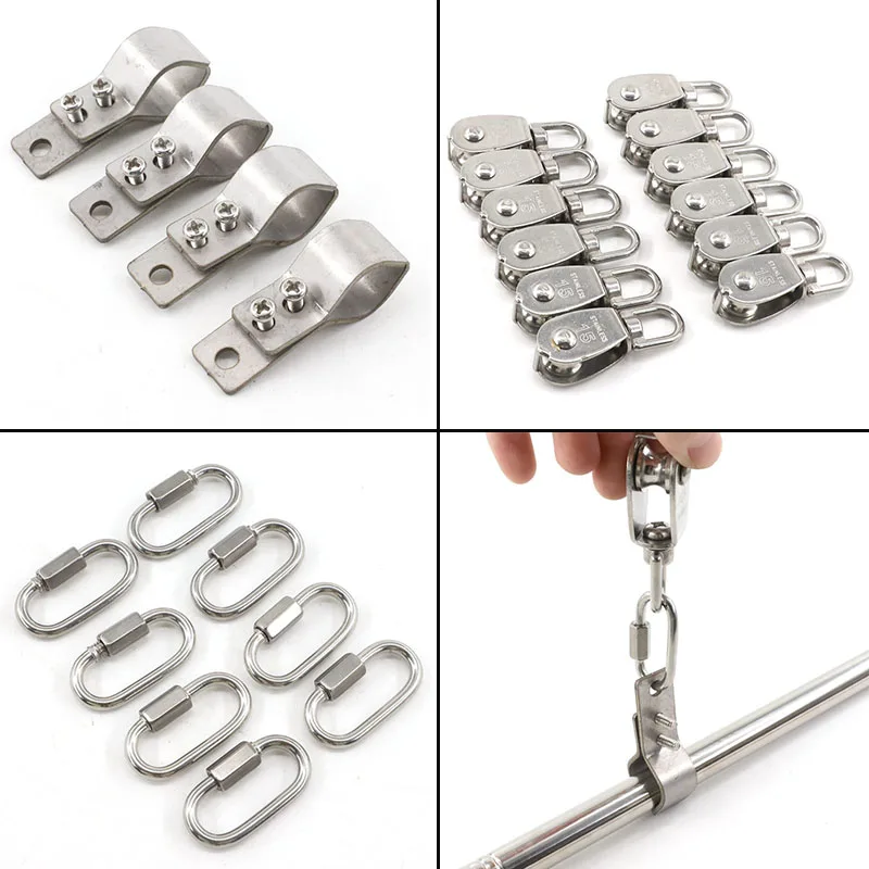 SS304 Stainless Steel Pulley Block M15 Pulley Adjustable Fixed Pipe Clamps Connecting Rings Telescopic Sunshade Net Accessories