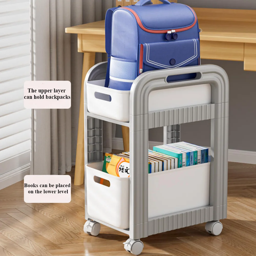 Rolling Cart 2-Tier School Bag Shelves Movable Bookshelves Drawer Style Storage Rack Under-Table Wheeled Snack Storage Trolley