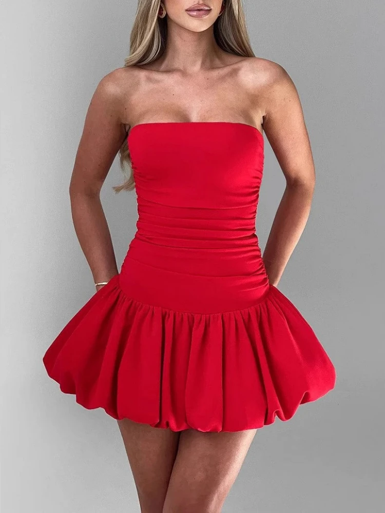 فستان Bangniweigou بدون حمالات باللون الأحمر للنساء أنيق ونحيف ومتوهج بمظهر فانوس لطيف ومطوي قصير #2