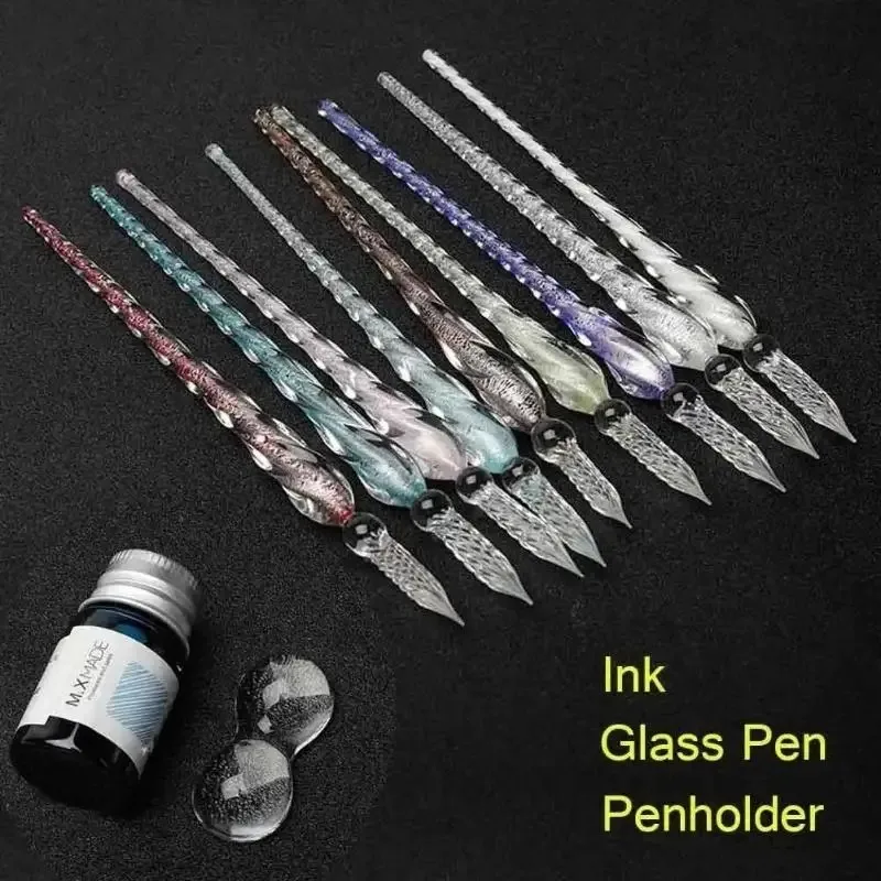 Crystal Glass Dipping Pen Set with Colorful Gold Powder Ink, Gift Box, 19.5cm Pen for Signature Calligraphy, Creative