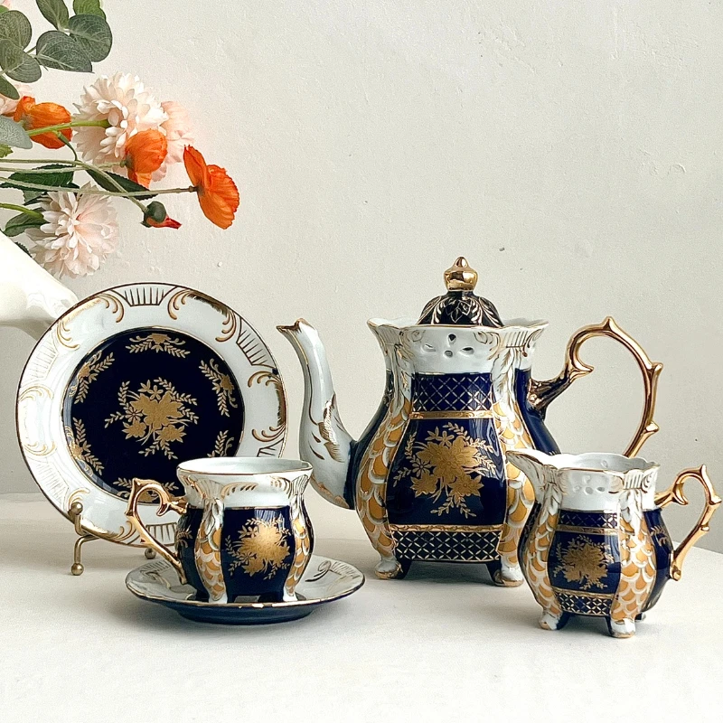 Rare cobalt blue glaze gold flower four legged pot with special design coffee cup, milk cup, plate, tableware set