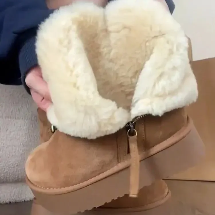 Thick cotton boots with added fleece, 2024 new warm fur integrated short tube thick sole snow boots, women's side zipper