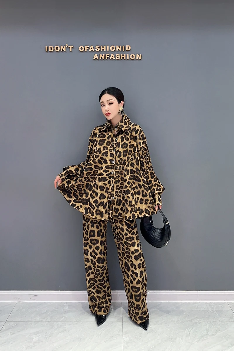 2024 Autumn New Korean Style Loose POLO Collar Shirt Casual Wide Leg Pants Leopard Print Drape Two-piece Set Women Clothing J568