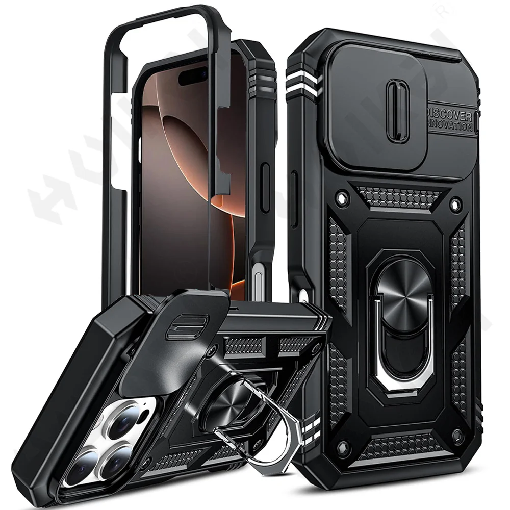 Case For iPhone 16 15 14 13 12 11 Pro XS Max XR Plus Camera Slide Military Grade Armor Protection 360 Degree Rotate Armor Cover