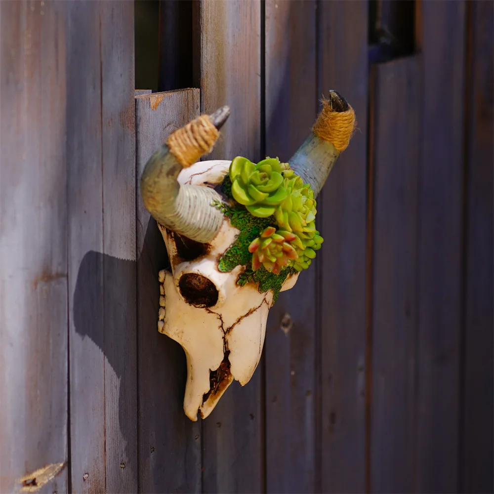 

Creative Succulents Hemp Rope Horns Wall Ornament Home Garden Decor Three-dimensional Bull Skull Model Animal Collection Pendant