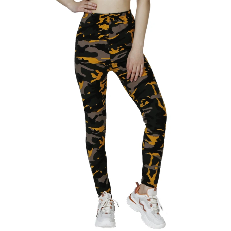 PD73 Camouflage Yellow Gray Printed WOMEN\'S Casual Sports Leggings with High Elasticity, Slim Fit, and Tight Cropped Pants