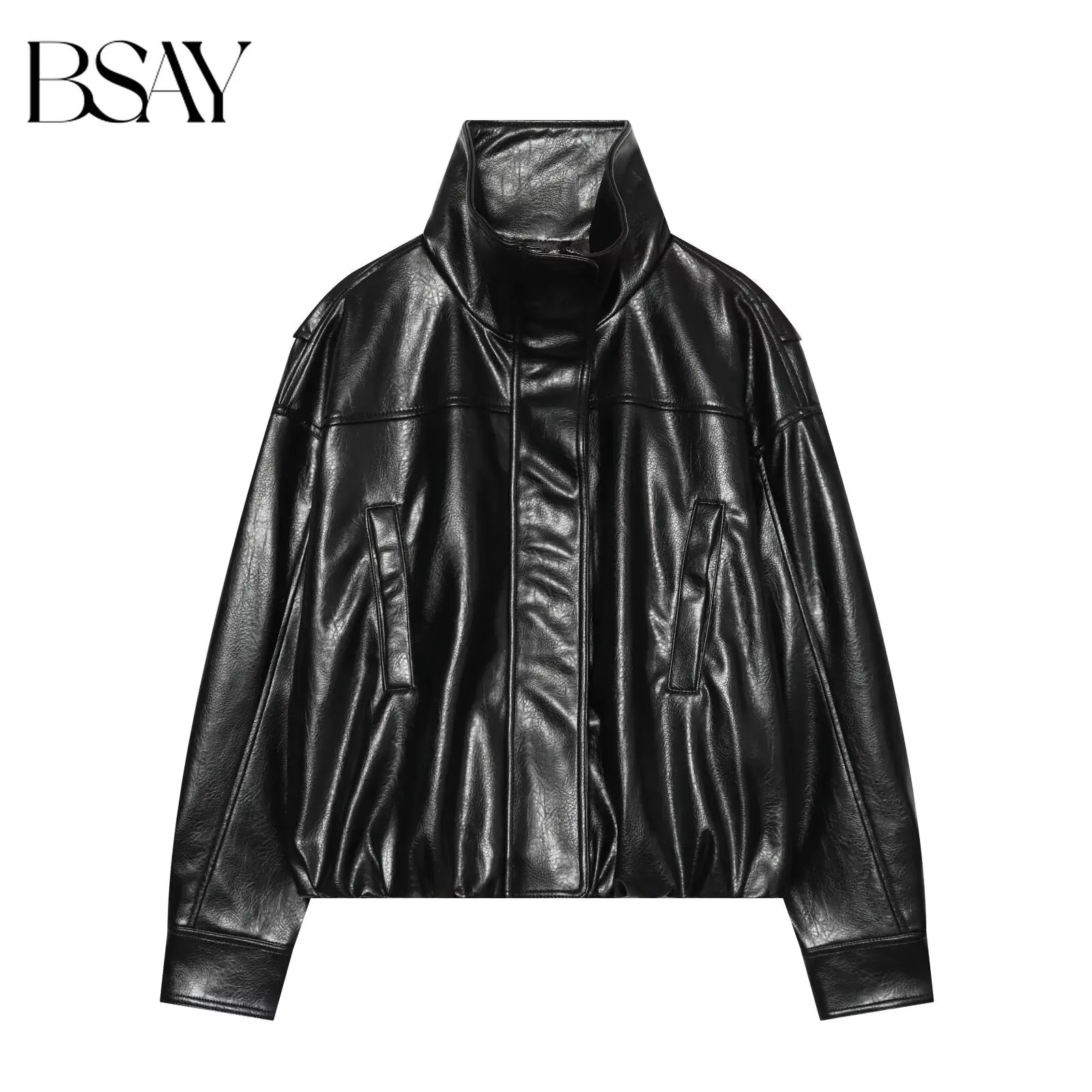 BSAY Women New Faux PU Leather Stand Collar Bomber Jacket Loose Cropped Outerwear Outdoor Commuter Style Fall Winter Casual Coat