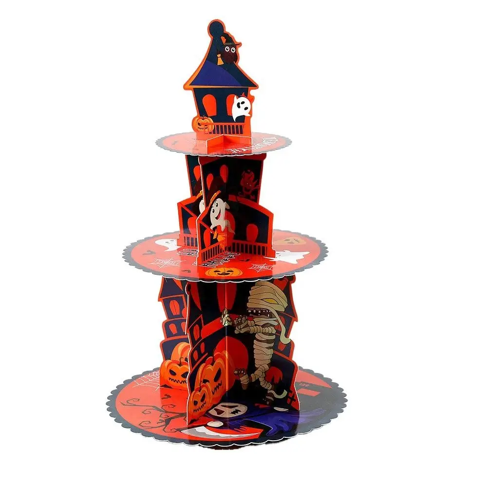 Decoración del hogar Soporte de postre de Halloween de 3 niveles Soportes de magdalenas de Navidad de calabaza Bandeja de estante de pastel de cartón ajustable Celebraciones