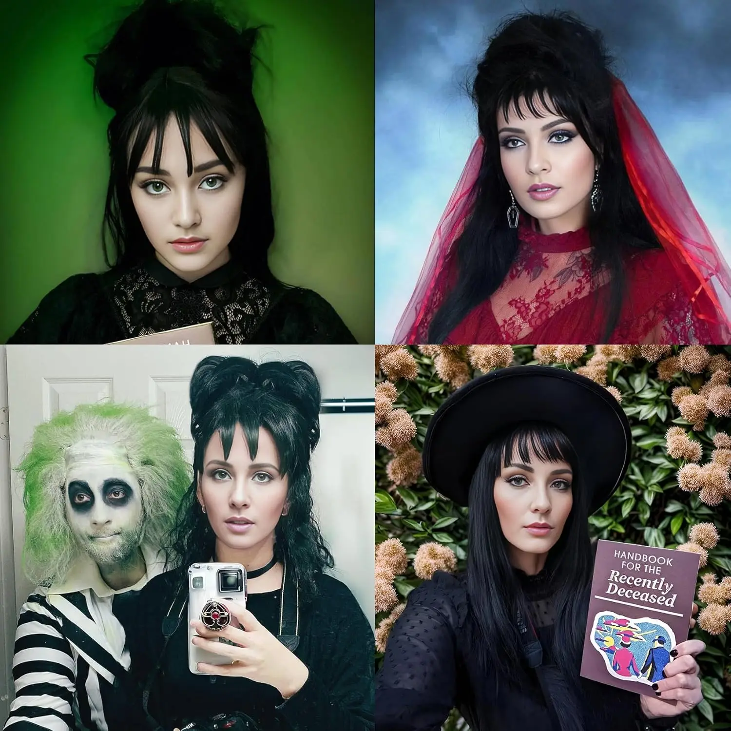 Synthetic Black Lydia Deetz Wigs for Women Costume Medium Length Straight Black Bride Goth Wig for Halloween Party Cosplay