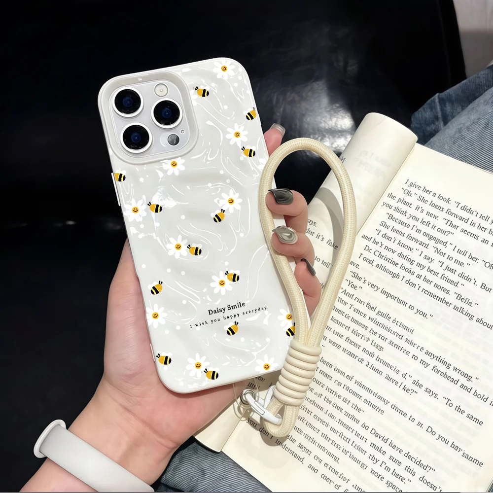 Fashion Bee Daisy Falten-Silikon-Handyhülle für iPhone 17 15 13 11 12 14 16 17 Pro Max 14 15 16 Plus 17Air mit Lanyard-Abdeckung – Detail 2