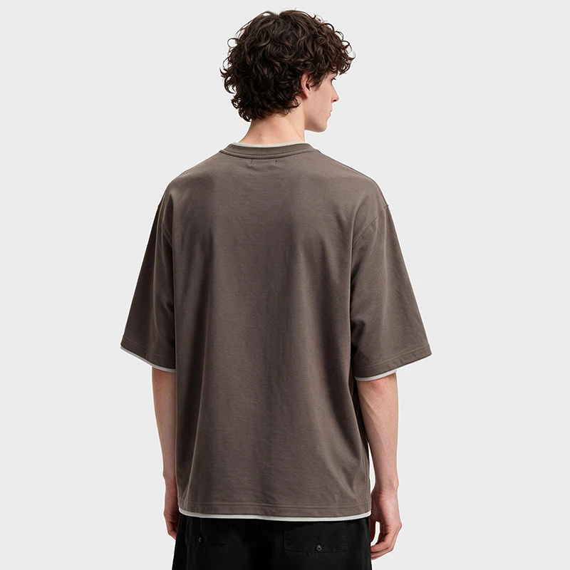 Men's Mock Two-Piece T-Shirt with Embroidered Letter Round Neck Loose Short Sleeve Top Solid Color Versatile Top