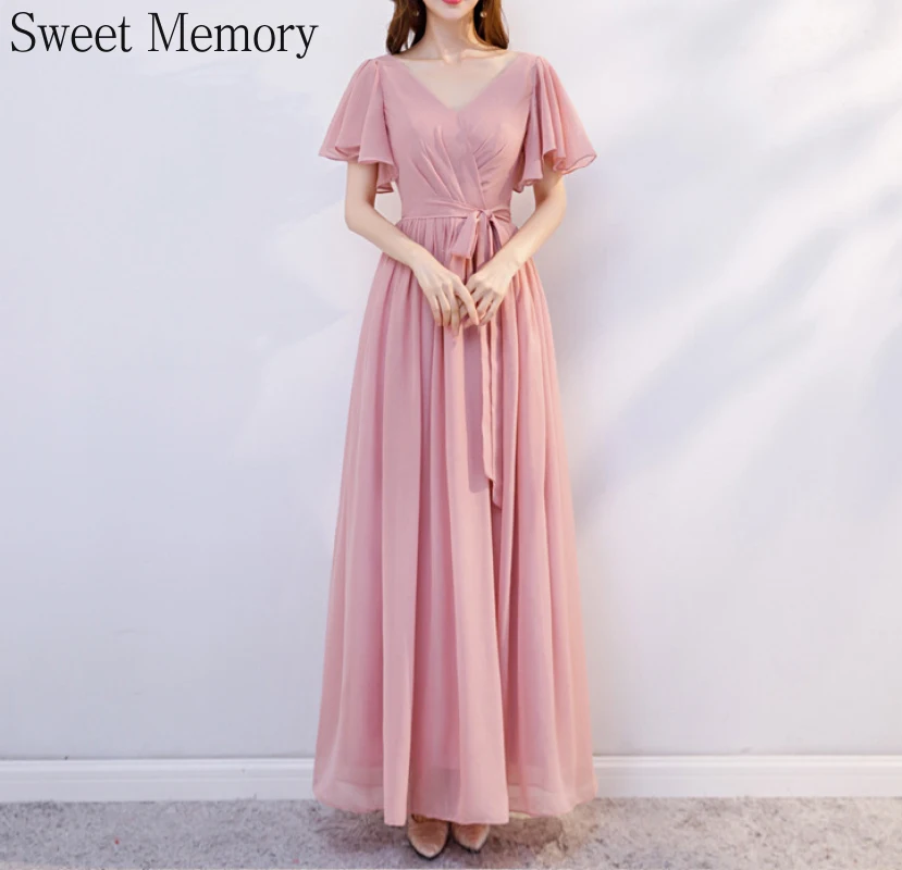 

J185 6 Styles Chiffon Long Pink Evening Dresses Summer Woman Graduation Prom Gown Beach Robe Bridesmaids Wedding Guest Dress