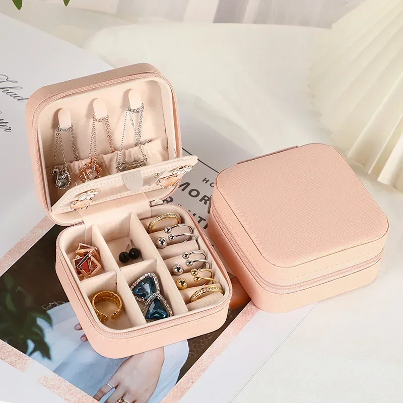 Travel Jewelry Case With Mirror Necklace Earrings Ring Organizer Display Boxes Pu Leather Zipper Jewelry Storage Box Portable