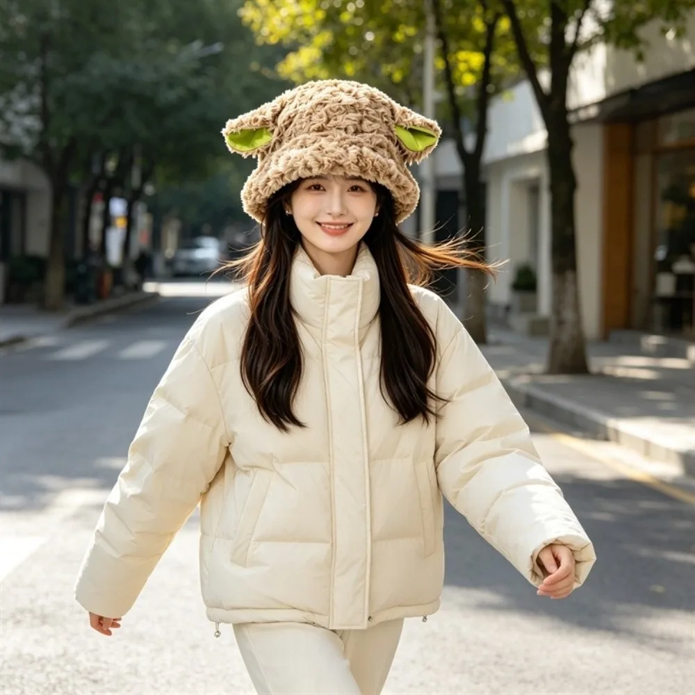 Kawaii Bucket Hat Fluffy Soft Sheep Fisherman Hat Fuzzy Warm Lamb Ear Hat Winter