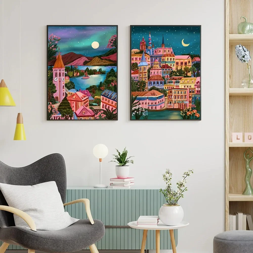 مدن السفر جمهورية التشيك براغ سويسرا إيطاليا الجدار ملصق فني ضوء القمر طباعة لغرفة المعيشة ديكور المنزل قماش اللوحة