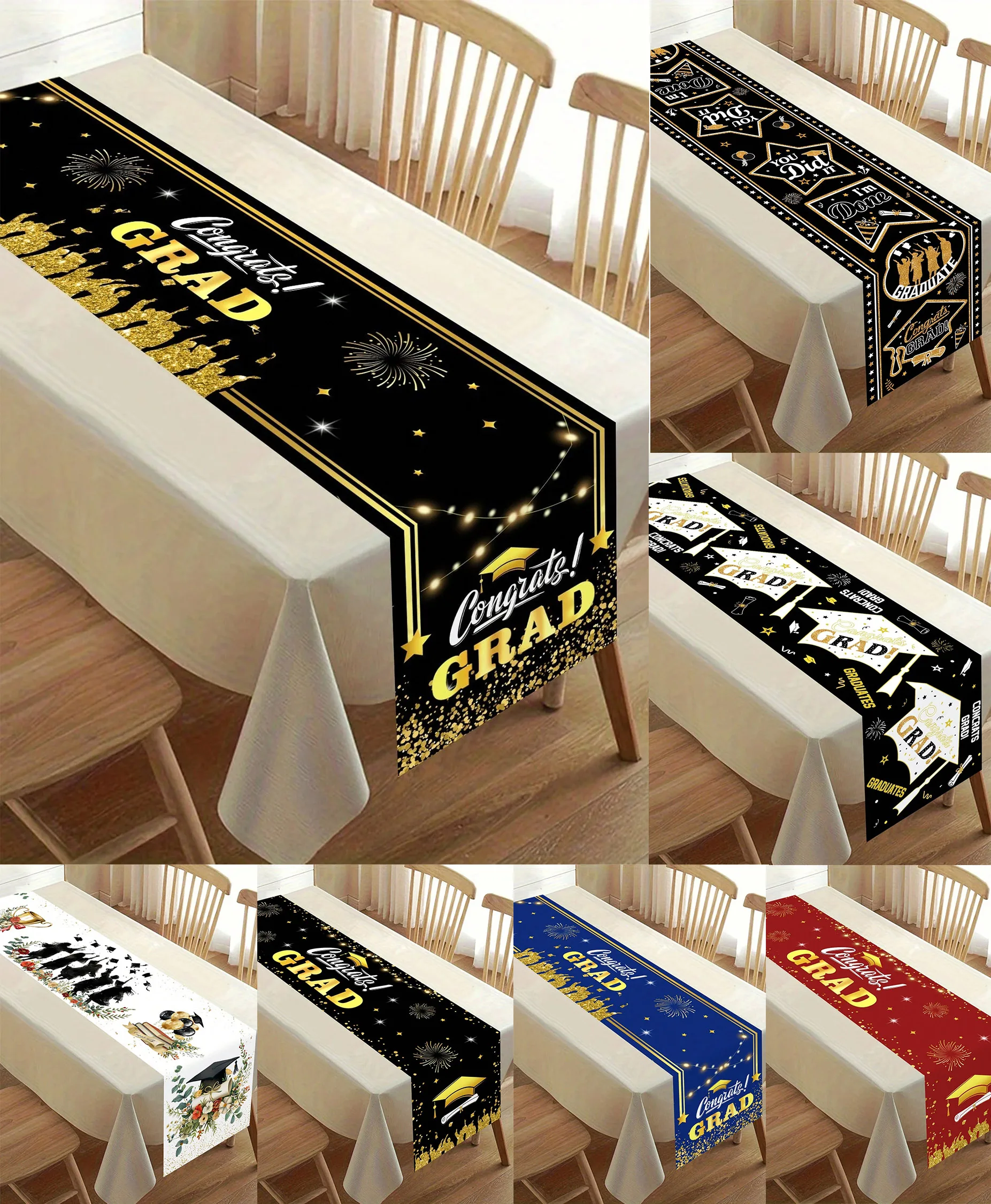 

Graduation Season Table Runner, Black Gold Congrats Grad Print Table Decor, 2026 Graduation Party Supplies for Home Kitchen
