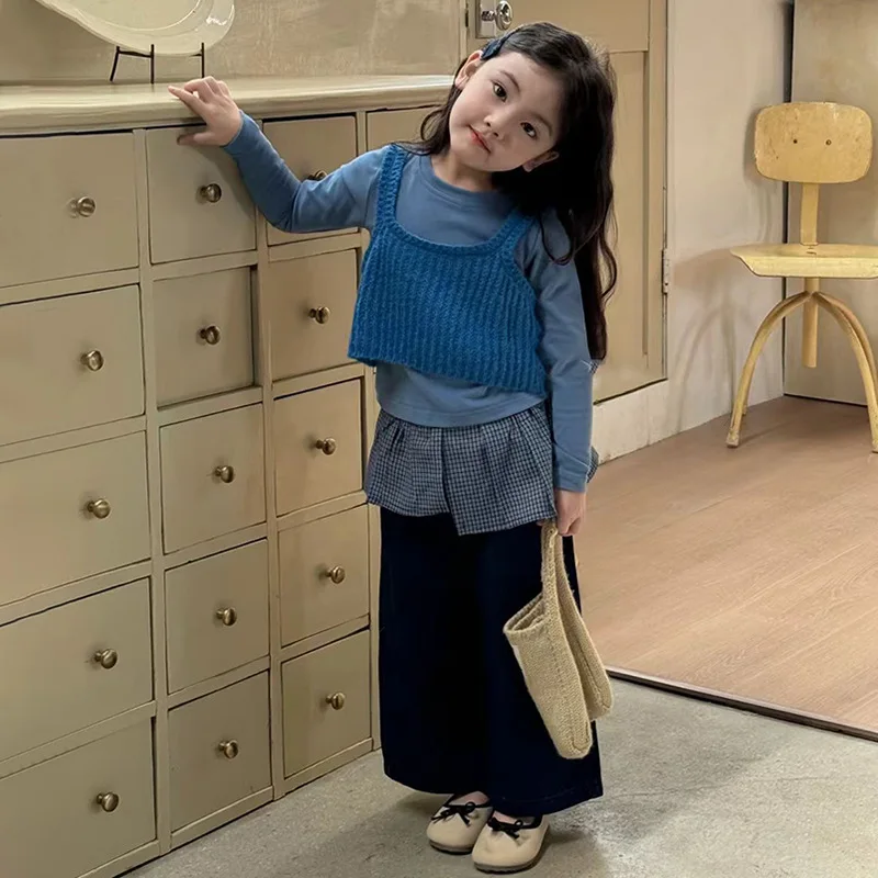 

Girls' Clothing 2025 New Knitted Camisole Vest Base Shirt Versatile Plaid Fart Curtain Casual Pants Trendy