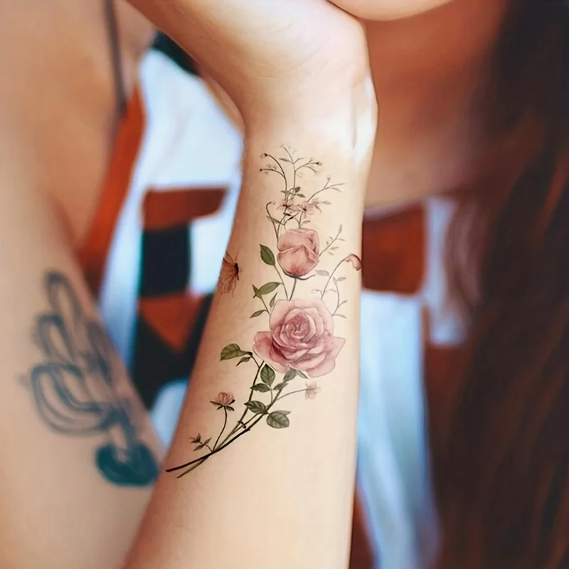 Floral arm tattoo, Large rose flower tattoo, Rose temporary tattoo woman, Rose temporary flower tattoo design, Rose tattoo for